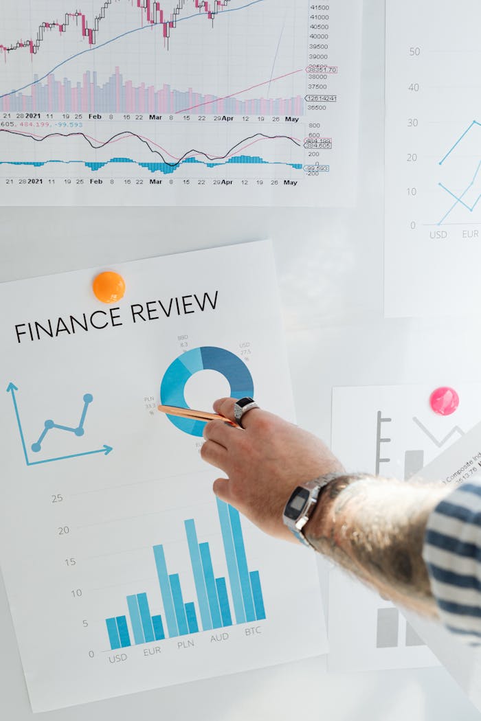 Hand pointing at a financial chart on a wall, illustrating data analysis and review.